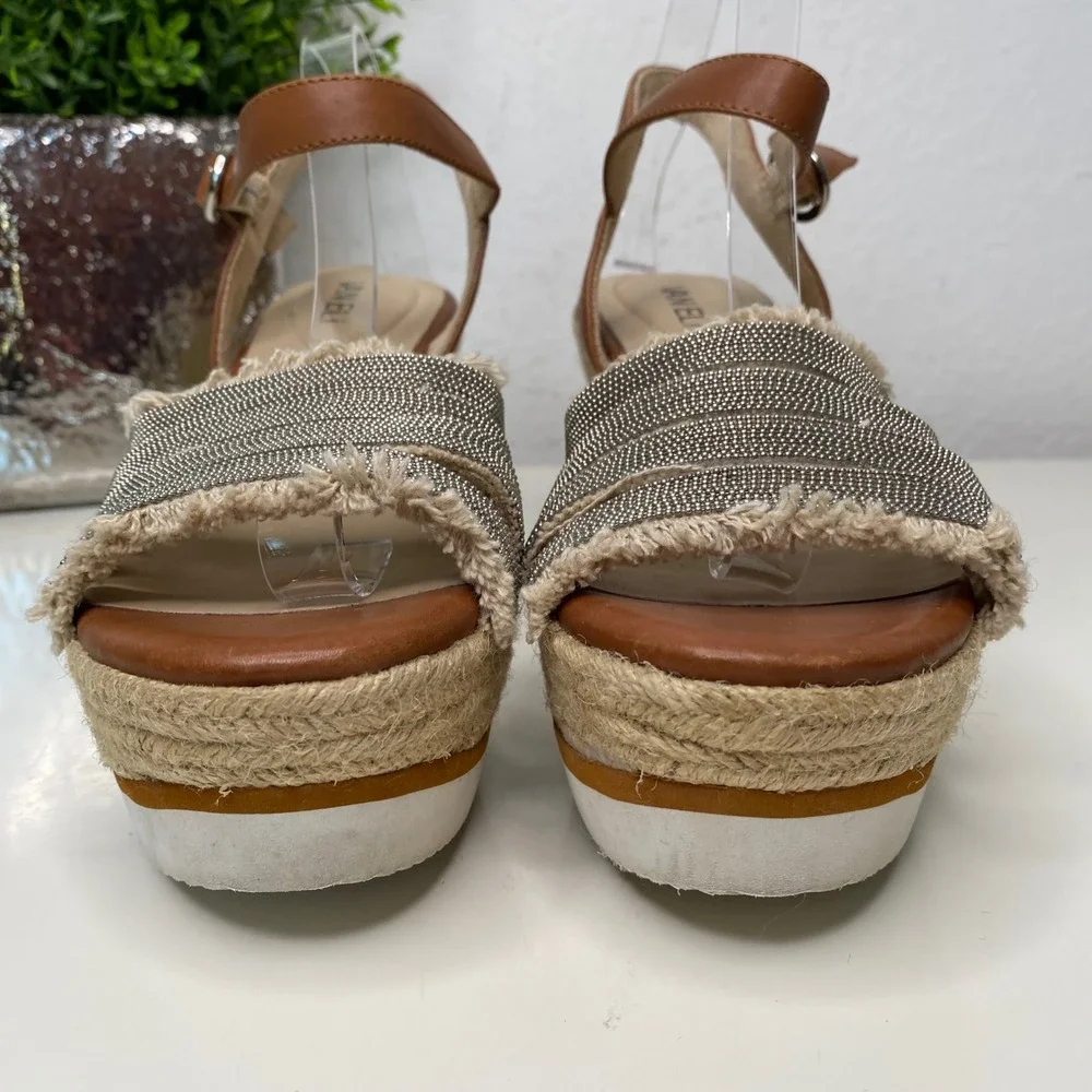 Vaneli Tan Leather‎ Espadrille Wedge Sandals Metallic Chain Straps Women 9M